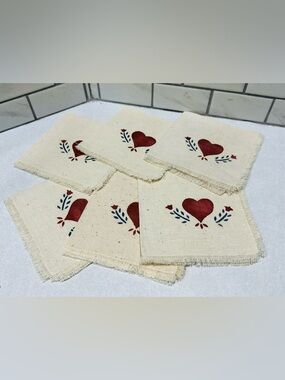 6 Vintage Cocktail Napkins Beige Stenciled Red Hearts Fringe Excellent Condition